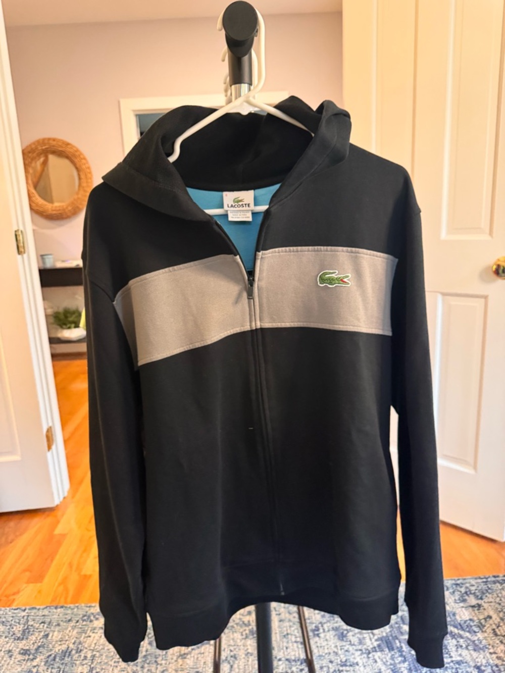 Lacoste Men’s Black Hoodie with Gray Chest Panel and Croc Logo - Size EU6 (L)